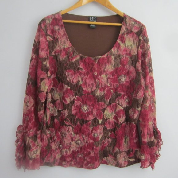 INC Woman Plus 1X Purple Brown Floral Lace Knit Bell Sleeve Scoop Neck Shirt Top - Picture 1 of 10